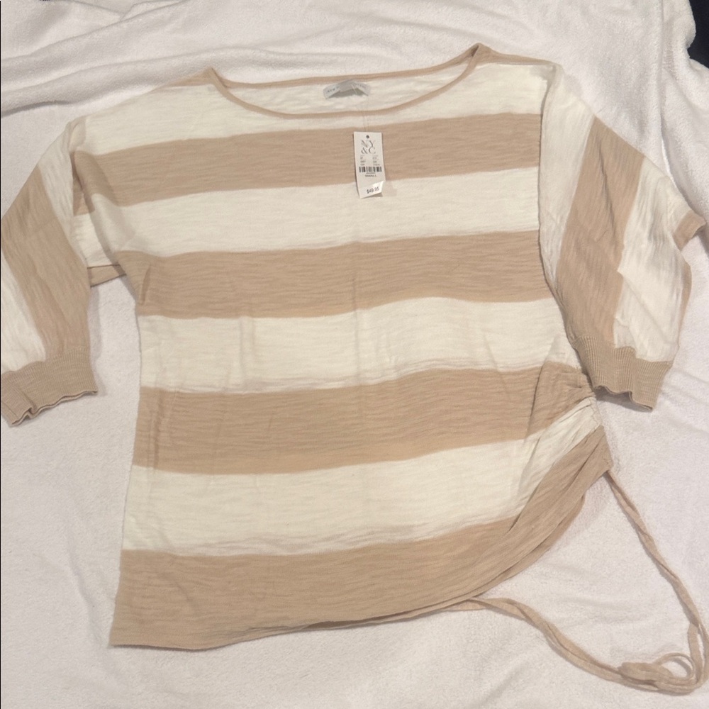 New York & Company Beige and White Striped Long Sleeve Top
